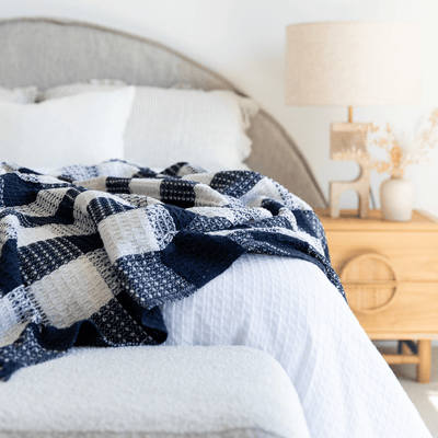 Cotton Waffle Check Throw in Navy