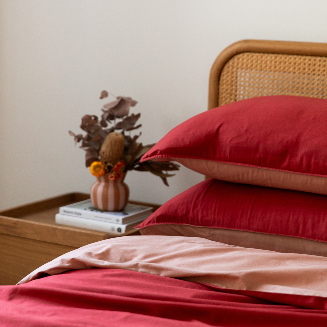 Vintage Cotton Reversible Quilt Cover Set - Clay and Rosewood