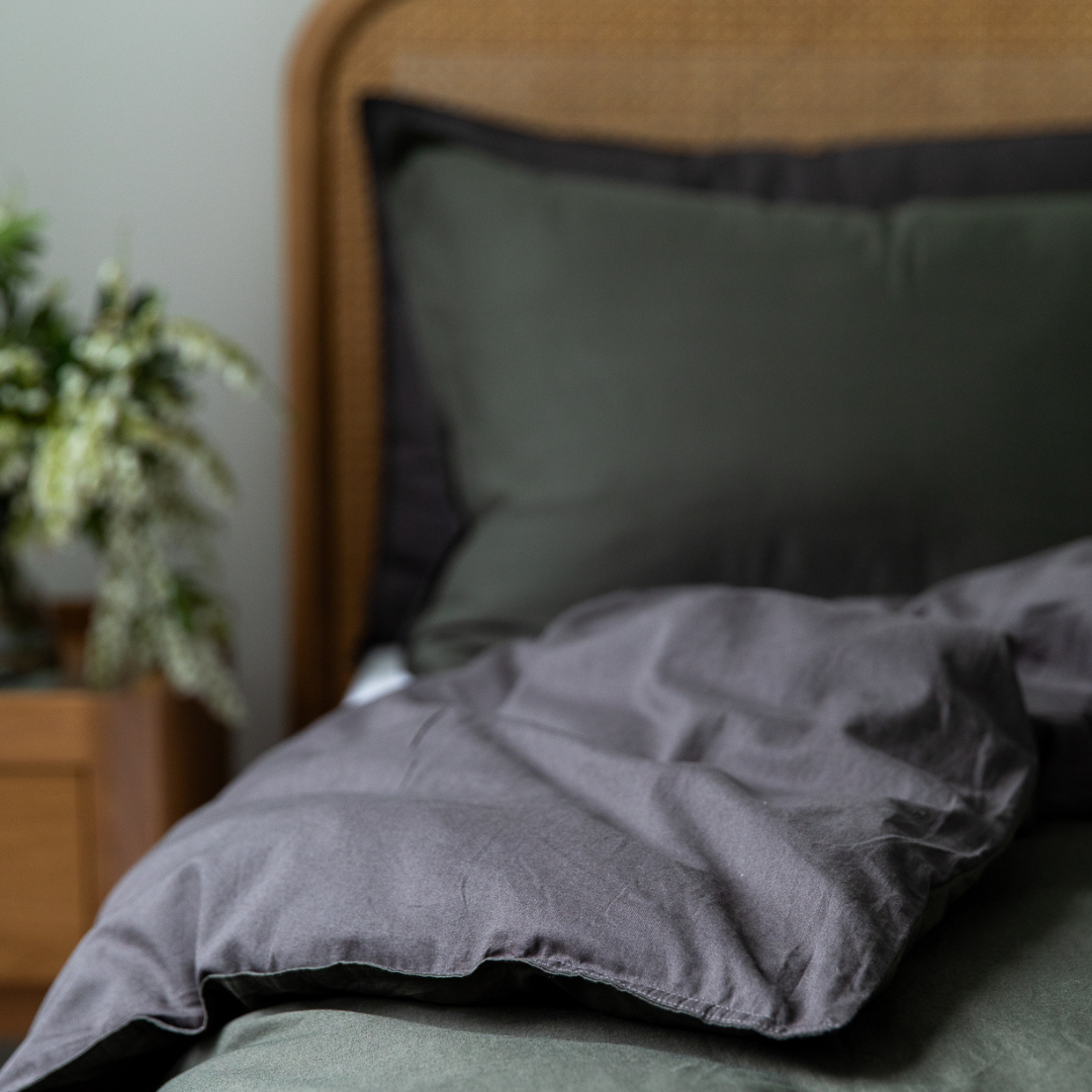 Vintage Cotton Quilt Cover Set - Olive and Charcoal